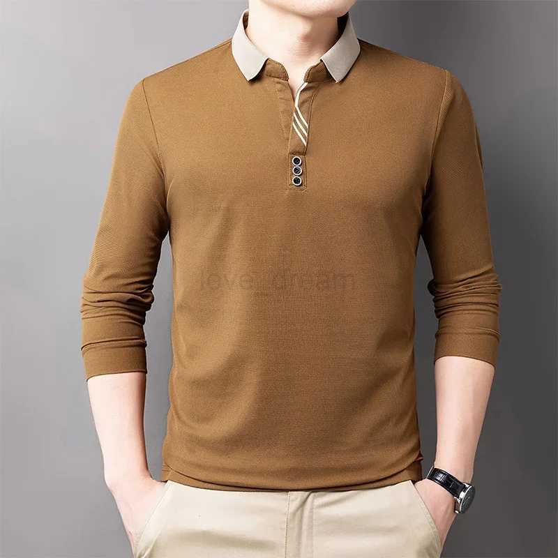 New Mens Casual Stripe Plaid Long Sleeve Polo Shirt Fashion Solid Polo TopXJ240920
