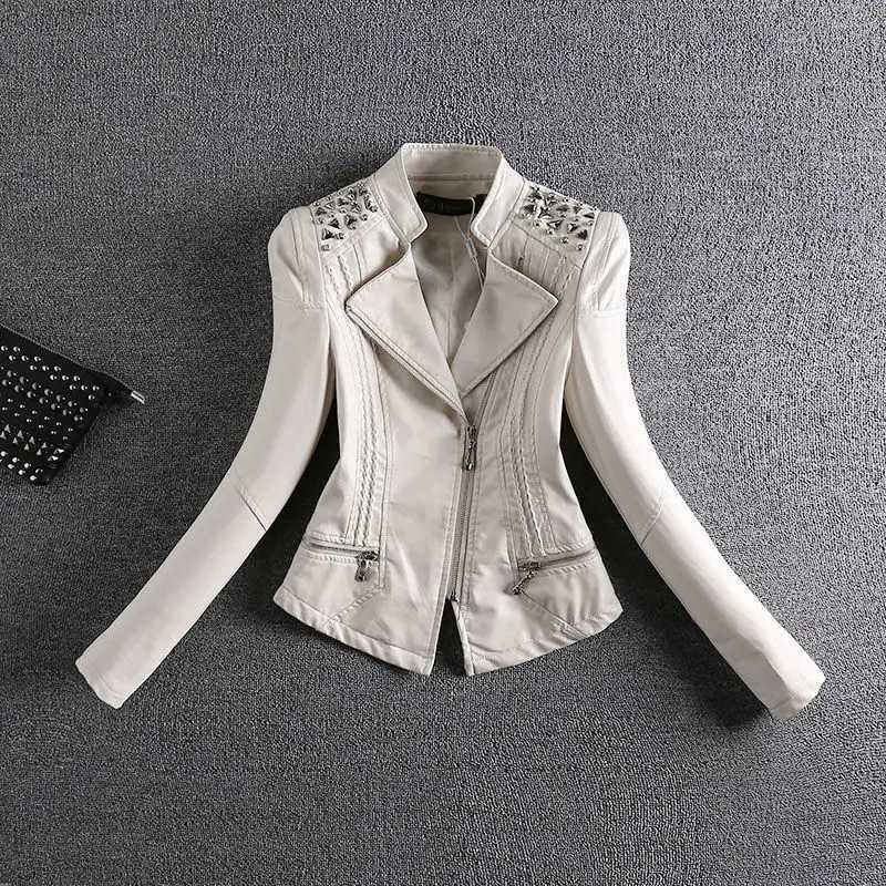 2023 Fashion Motorcycle Leather Jacket Women Spring And Autumn Rivet Coat Short Slim Coats Large size 4XLX240919