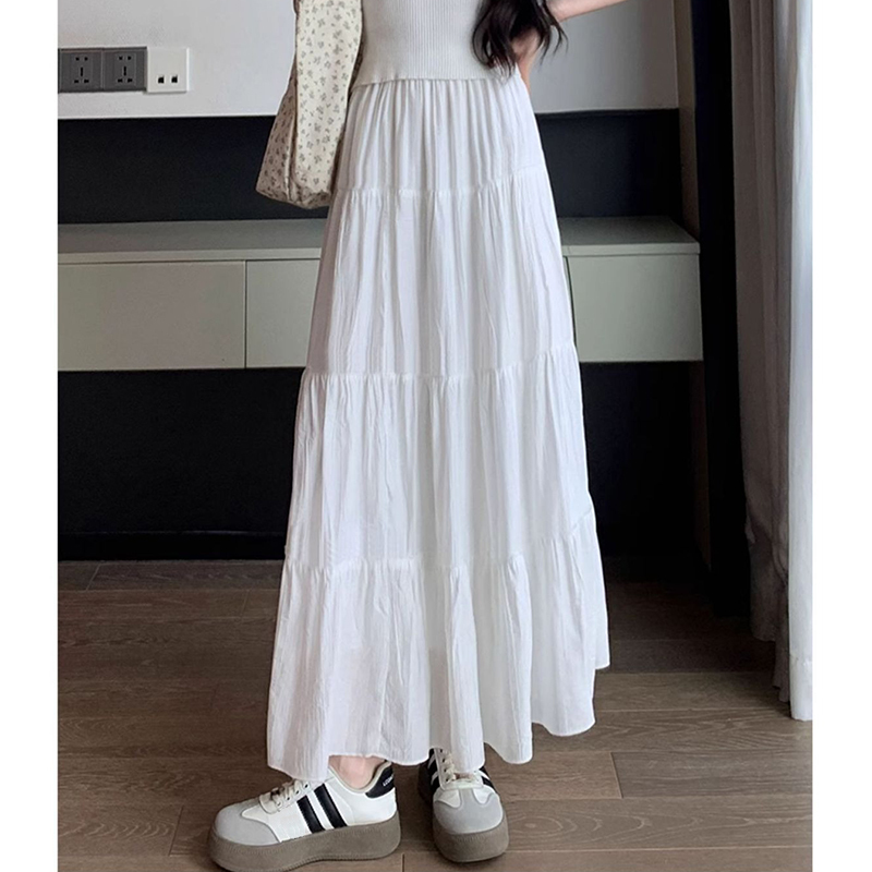 Summer Girls High Waist Korean Basics Sim Fit Skits Lady Pleated Long Skirts Woman Sweet White Pink Mori Girl Style A e Dress