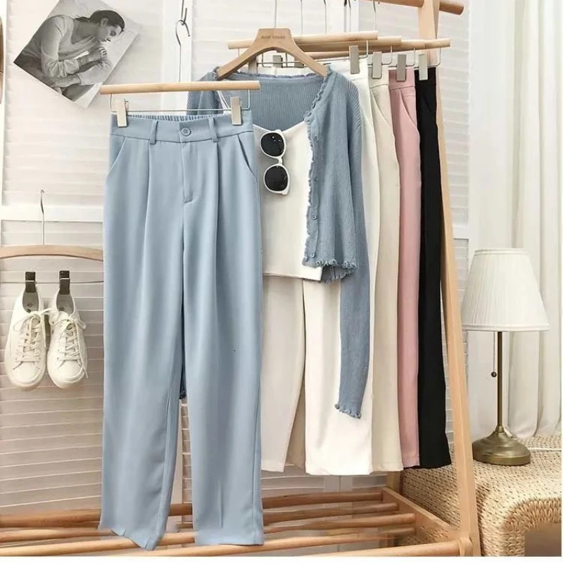 2026 Fashion Elastic High Waist Suit Pants Women Spring Casual Loose Straight Black Trouser Office Ladies Nine Points Streetwear