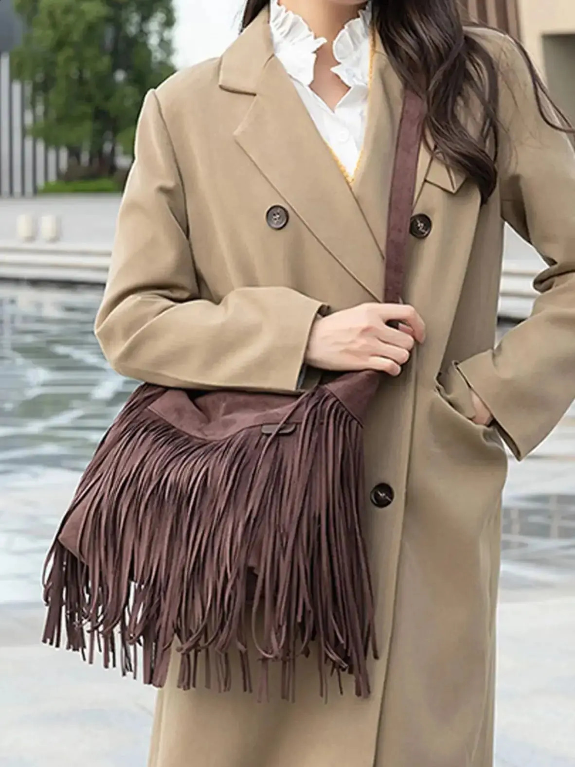 Retro Fashion Womens Tassel Cross Body Bag High Quality PU Leather Solid Color Large Capacity Handbag Outdoor Travel Shoulder Bag 240918