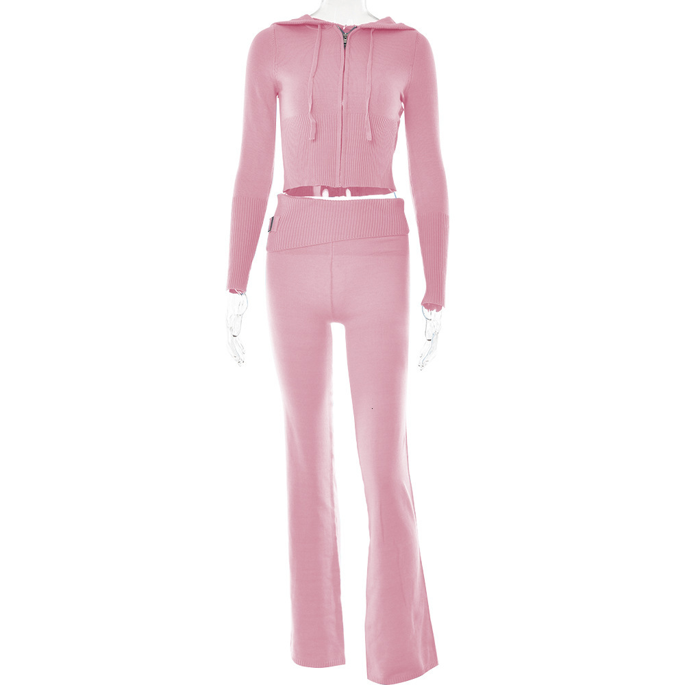 Knitted 2 Piece Sets Women Tracuit Long Sleeve Zipper Hooded Sweater Crop Top Flare Pants Stretch Matching Suit Outfit