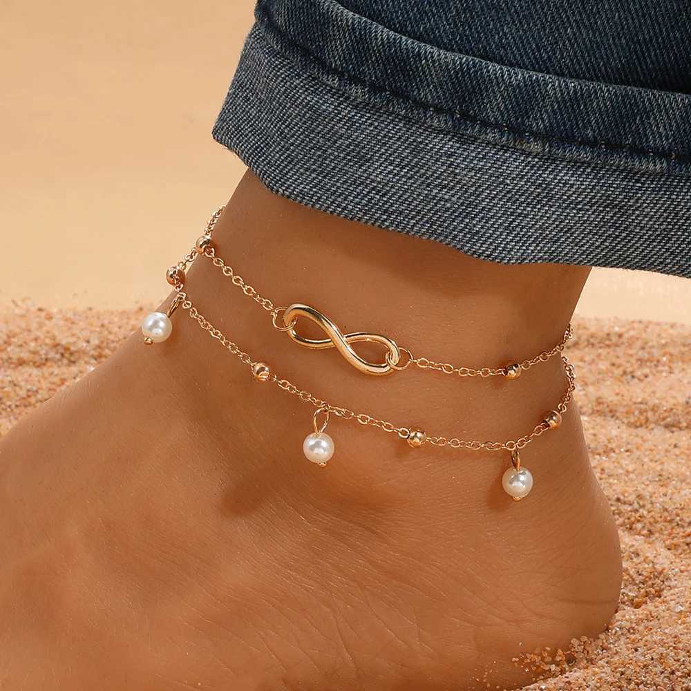 SUMENG Retro Pearl Heart Infinity Double-Deck Anklet Bracelet Set For Women Fashion Bohemia Foot Beach Anklets Chain Jewelry Y240920