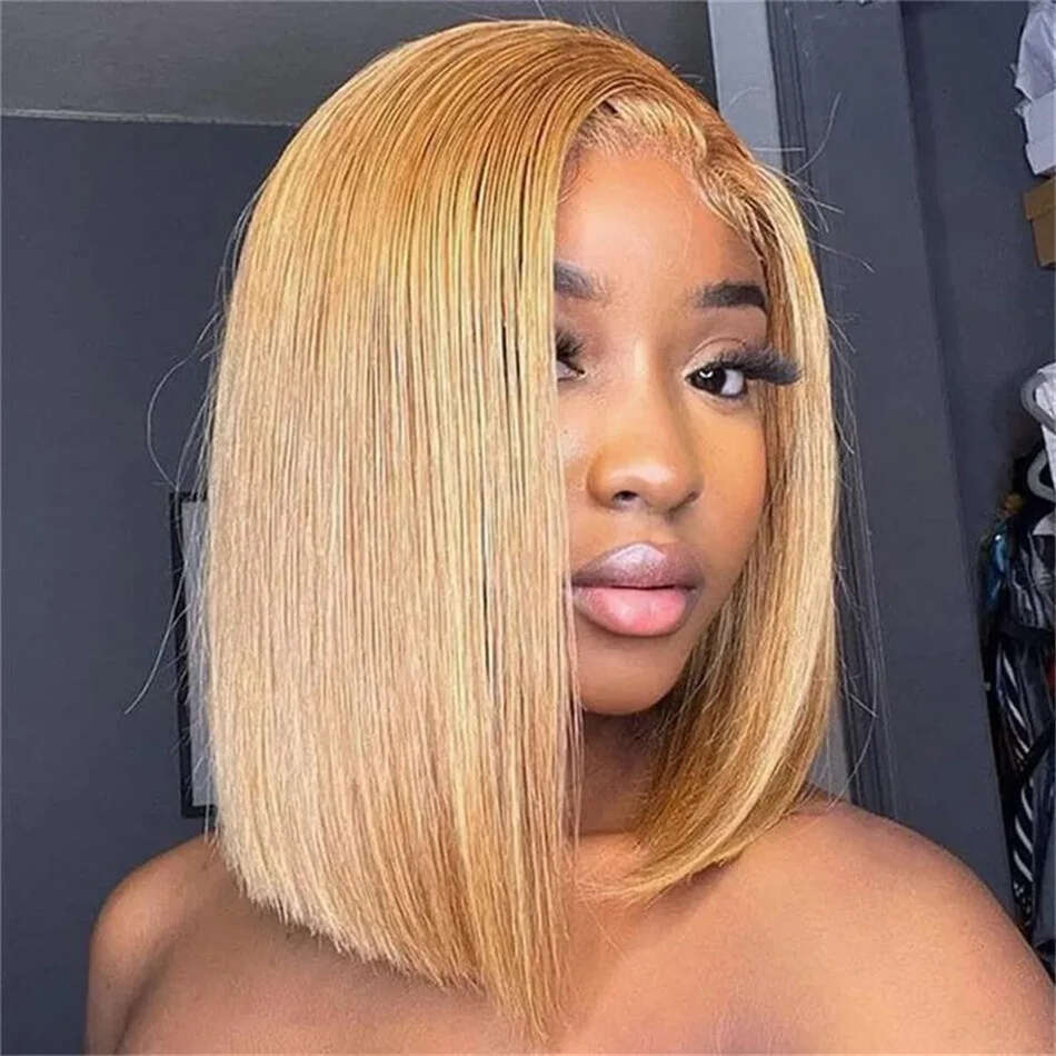 Transparent #27 Honey Blonde Frontal Bob Wig Brazilian Bone Straight 13X4 Lace Front Human Hair Wigs