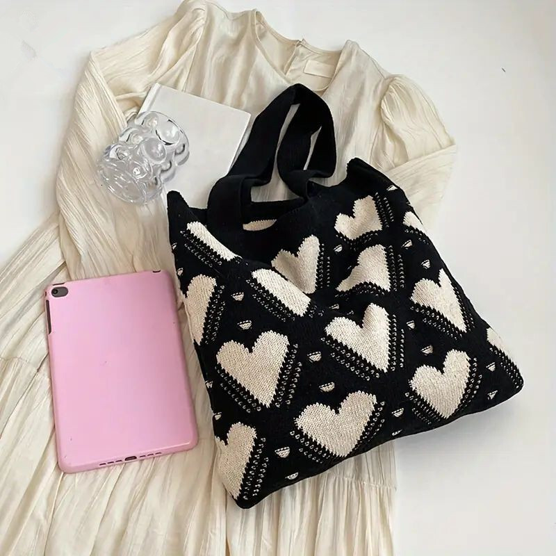 2025NEW Love Pattern Handbag New Knitted Women s Large trend fashion Capacity Weaving Tote Street Trend Shopping Shoulder Travel Bag