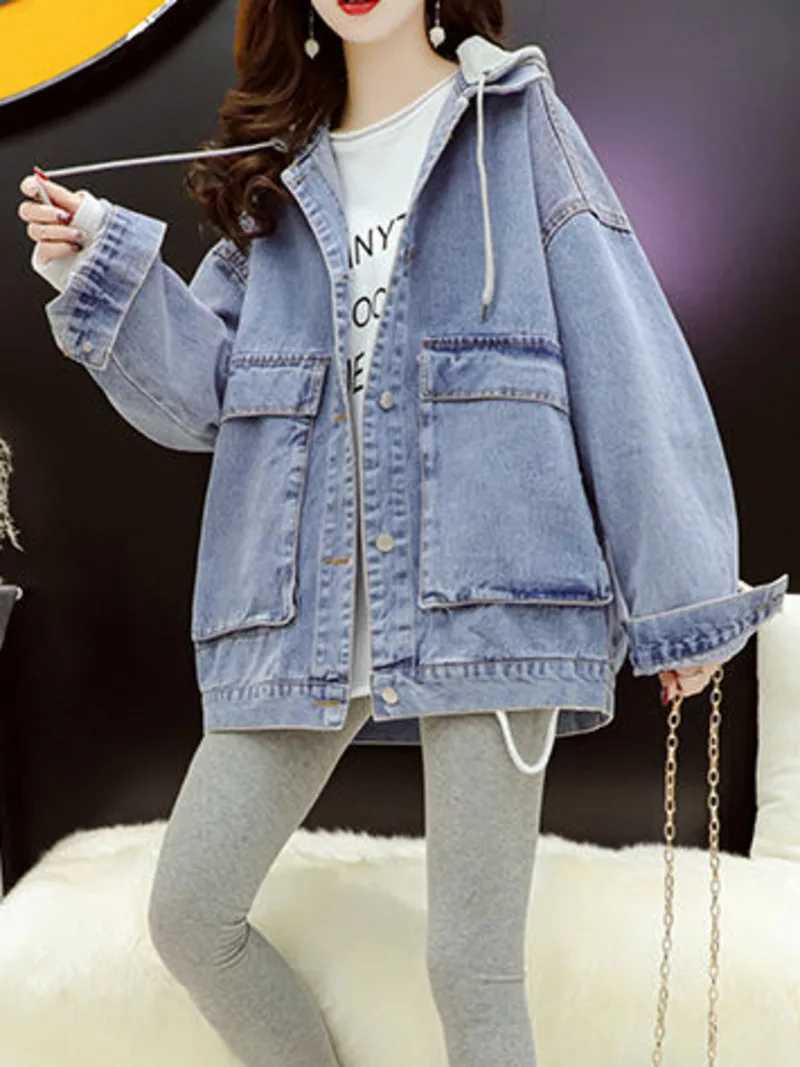 Streetwear Black Denim Jackets Women Korean Fashion Patchwork Hooded Spring Jacket Casual Chaquetas Veste Jeans FemmeX240920