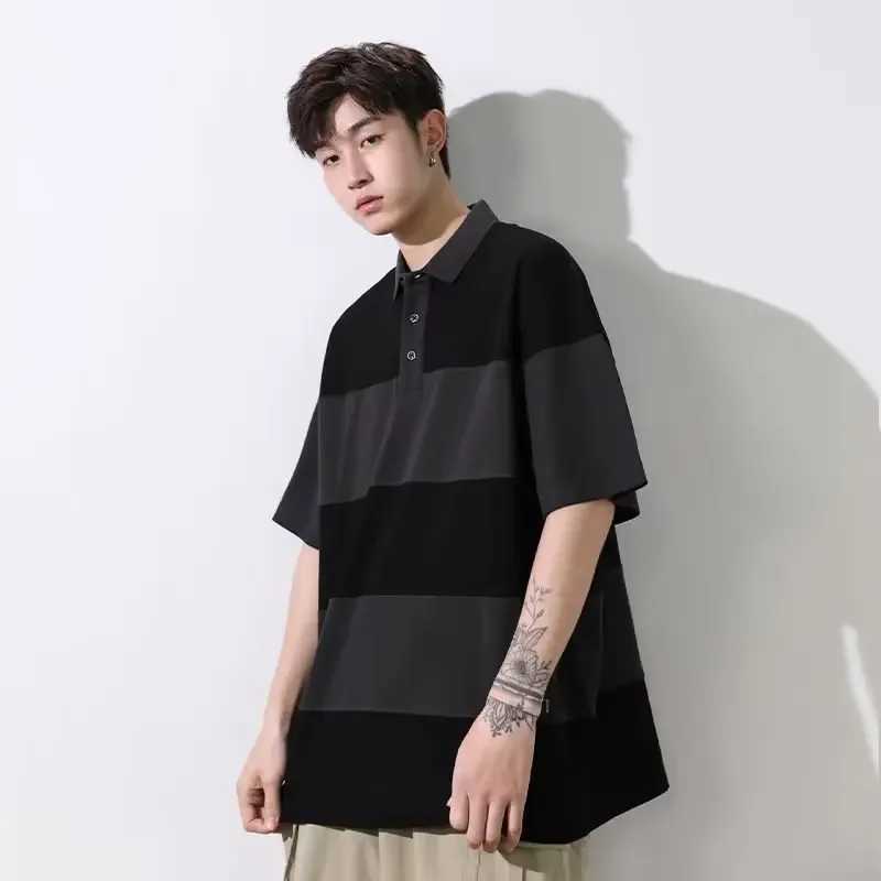 Paul Charcoal Grey Striped Polo Shirt Mens Lapel Elegant Simple Short Sleeves Vintage Color Blocking Half Sleeve Sport TopX240920