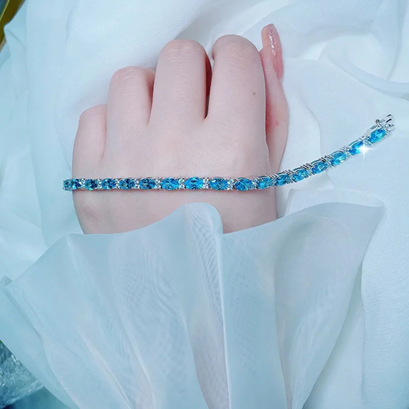 Blue sapphire zircon oval bracelet for women S925 pure silver 18k goldplated fashionable classic wedding 240912