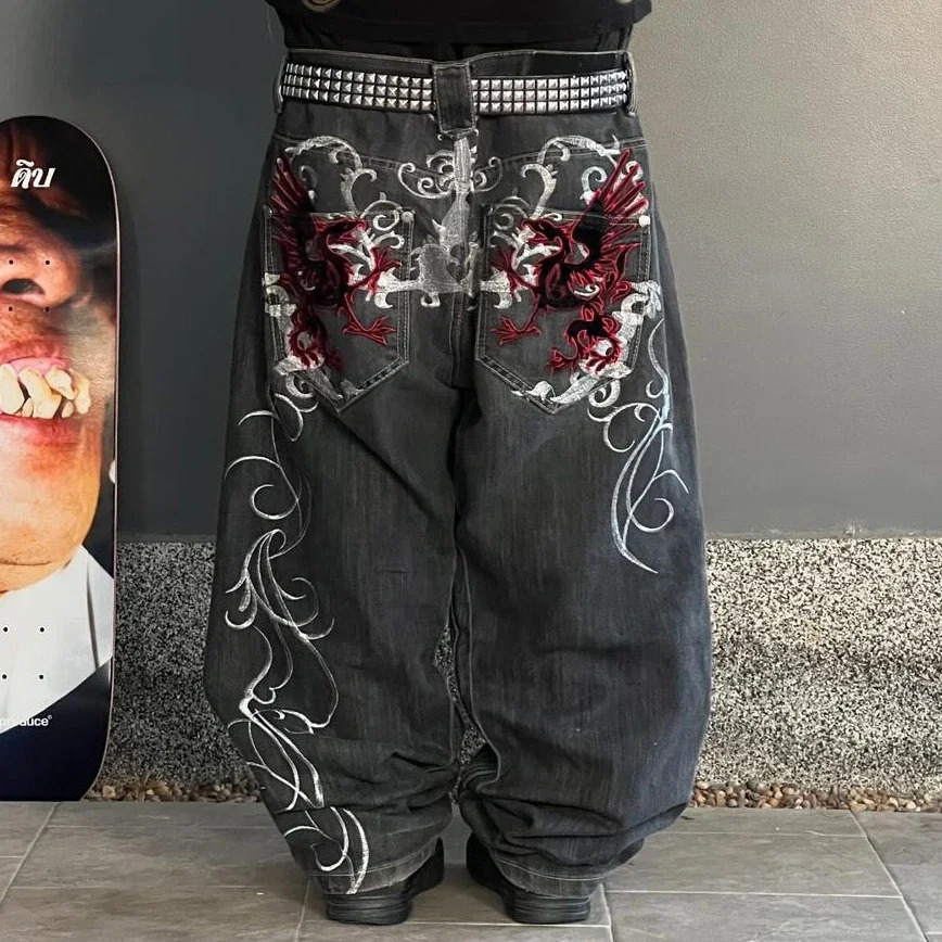 2026 Street Retro Hip Hop Casual Y k New Women s Haruku Fashion Embroidery Pattern Denim Trousers Straight Wide leg Pants Men