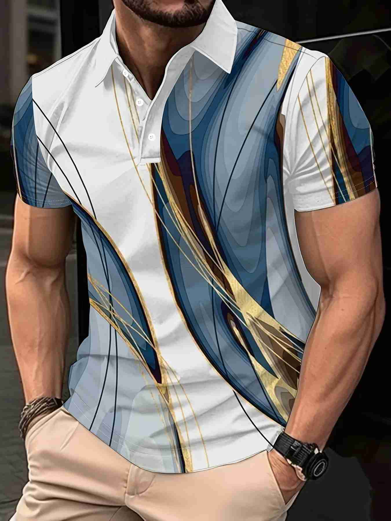 New Fashion Mens Gradient Line Summer Short Sleeved T-Shirt Casual Daily Lapel Top Polo Shirt Striped T-Shirt Mens ClothingXJ240920