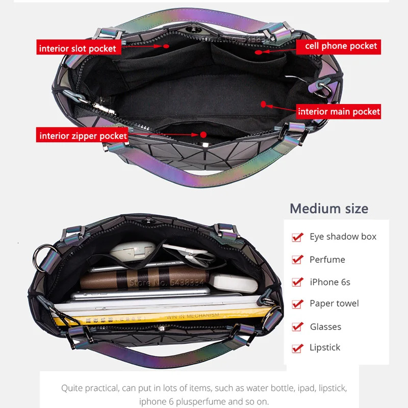 Luminous Bag Holographic Reflective Geometric Bags For Women 2024 Foldable Shoulder Variety Crossbody Bag Female Handbag