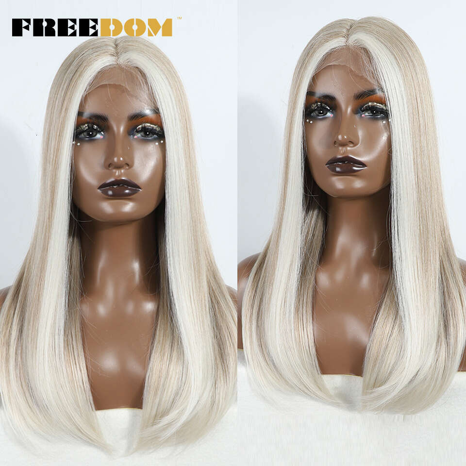 FREEDOM Synthetic Front Wigs For Women Straight 22 Inches Bob Ombre Brown Blonde White Lace Easy Wear Cosplay Wig