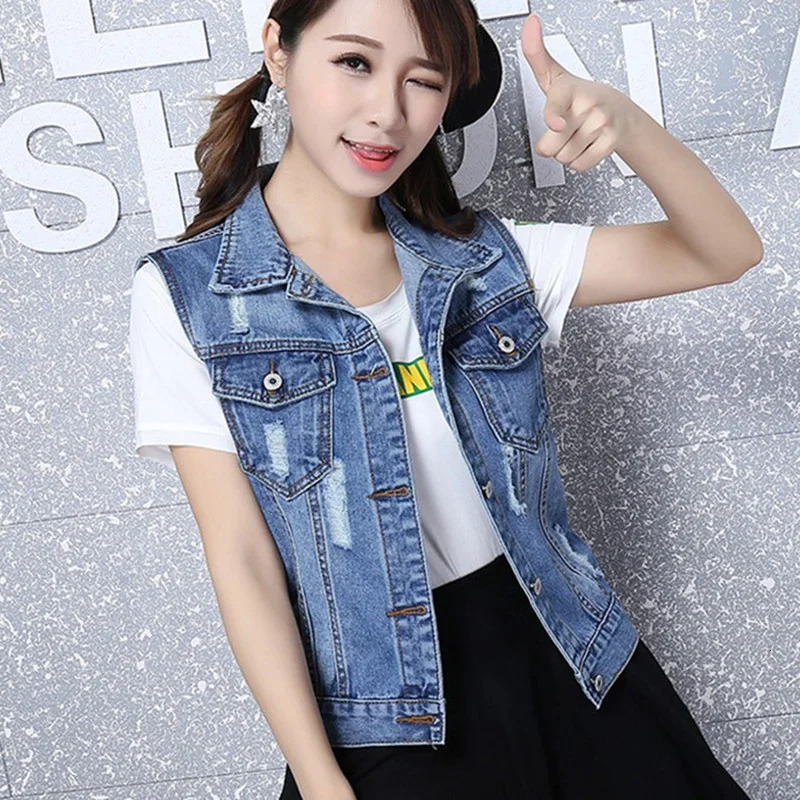 Spring Autumn Denim Vest Women Clothes 2024 New Vintage Hole Sleeveless Jean Waistcoat Short Jacket Female Outerwear 4Xl 5Xl 6Xl