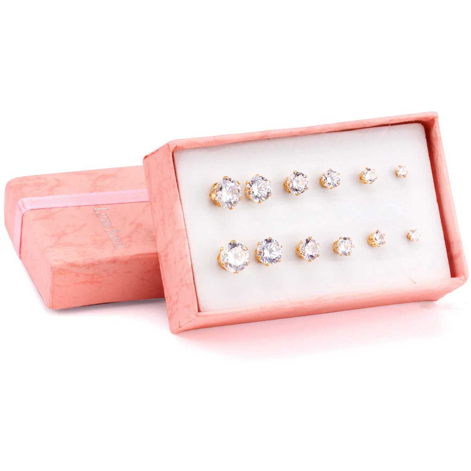 LUXUSTEEL 6 Pair/Set CZ Stud Earrings Stainless Steel Round White Cubic Zirconia Low Allergy 6-Claw Earrings Fashion Jewelry W240919