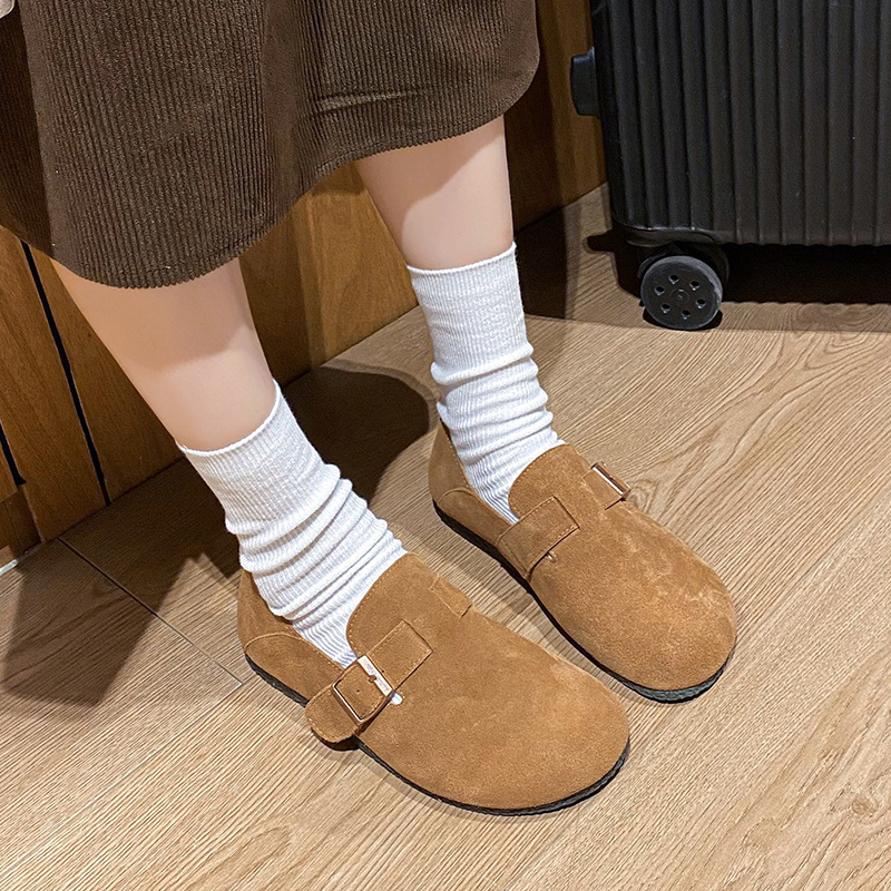 New cowhide Haken shoes for women in spring, casual round toe flat shoes, height increasing single shoes, lazy people, one foot shoes