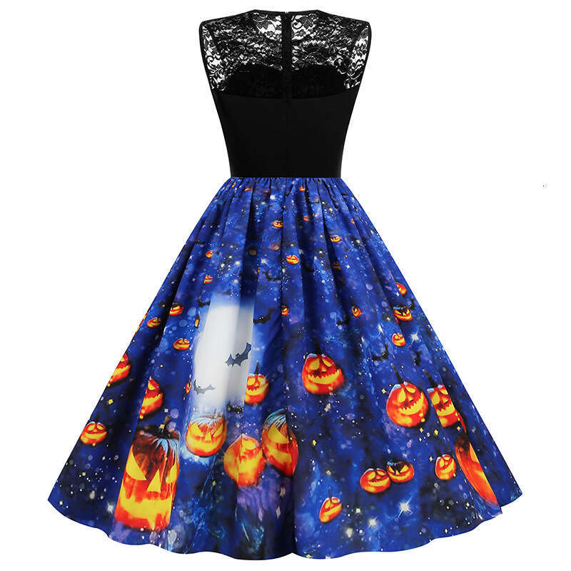 Hallowmas Halloween lace patchwork waist cinching big swing womens dress 8055