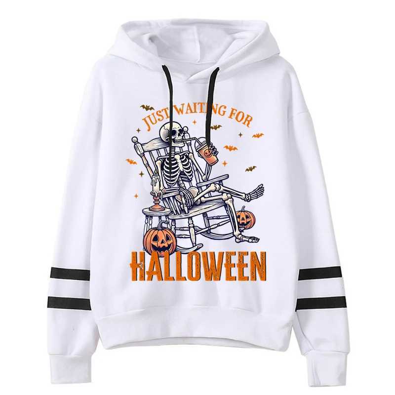 Hip Hop Skull Pumpkin Bat Print Hoodies Women Fashion Long Sleeve Streetwear Just Waiting for Halloween Fleece Casual Hooded Y240920