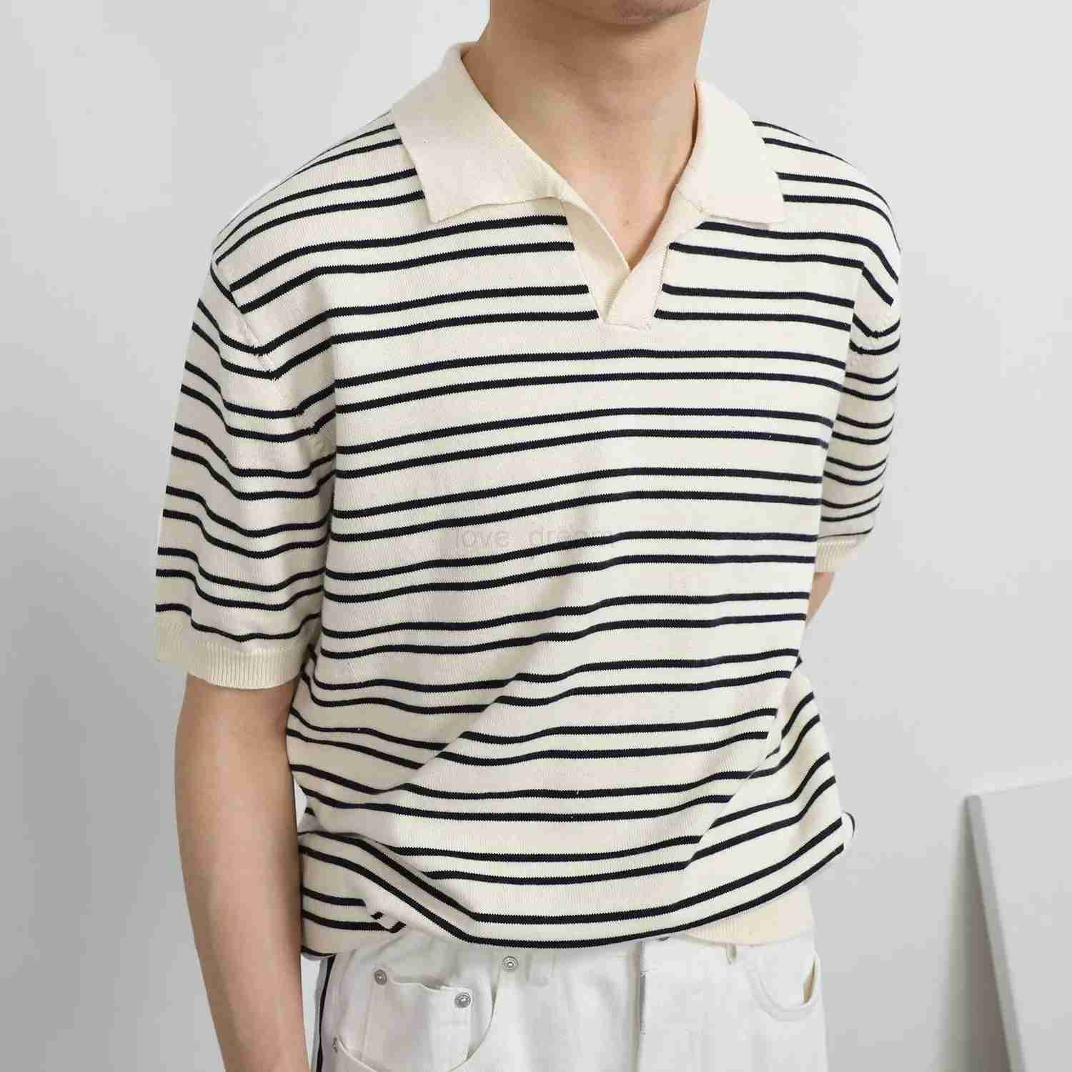 2022 Summer New V-neck Ice Silk Striped Polo Shirt For Men Short Sleeves Trendy Versatile Simple Fashionable Lapel T-shirtXJ240920