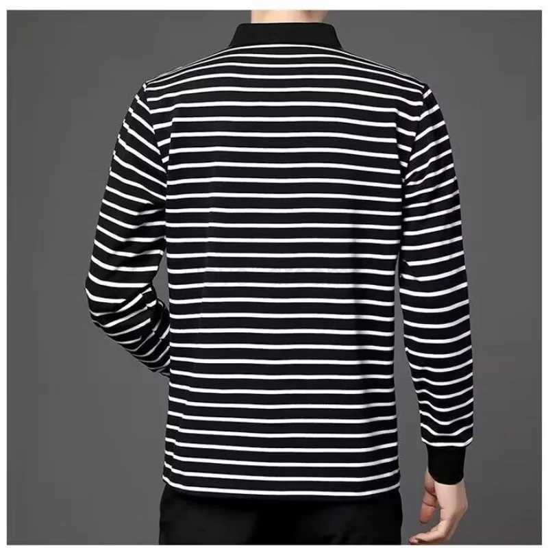 Spring and Autumn New Mens Long Sleeve T-shirt with Polo Collar Black and White Stripes Top Youth Casual Male Comfortable ShirtXJ240920