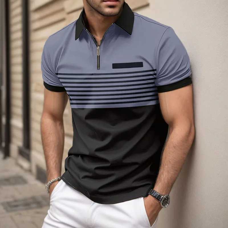 Mens summer short sleeved lapel 3D digital printed striped polo shirt with fake pocket buckle mens business casual zipper topX240920