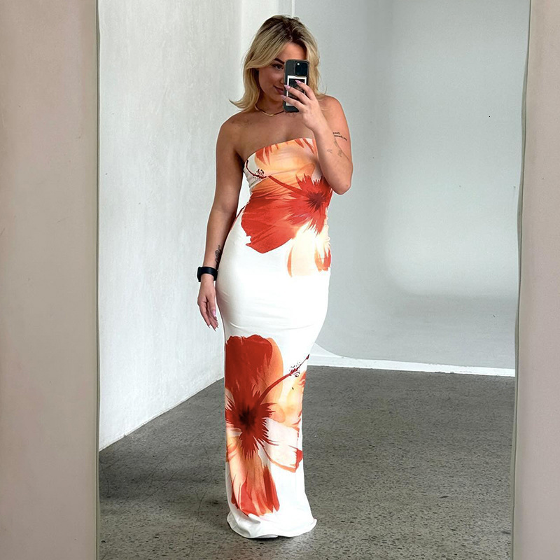 2024 New Slim-Fit Beach Long Women Ral Print Tubeless Casual Holiday Shoulder Off Comfortable And Elegant Dress