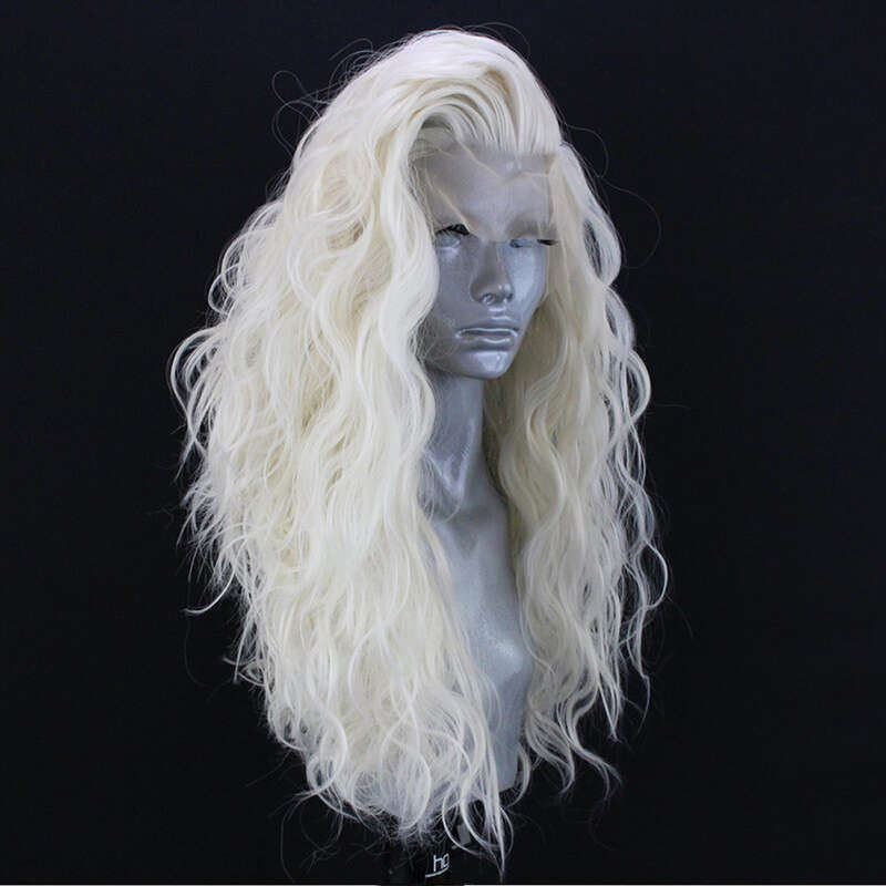 Platinum Blonde Long Loose Wave Wig Heat Resistant Glueless Synthetic Lace Front Wigs For Women With Free Part