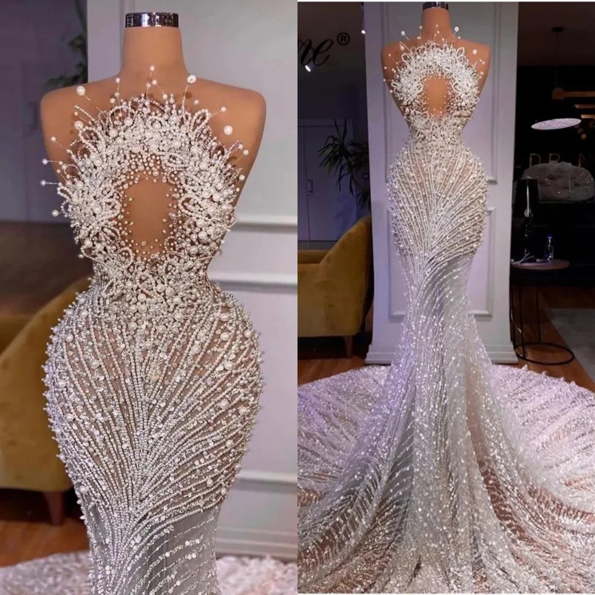 Luxury Sleeveless Wedding Dresses For Women Sexy Pearls Beading Bride Dresses Sweep Floor Bridal Gown Custom Made