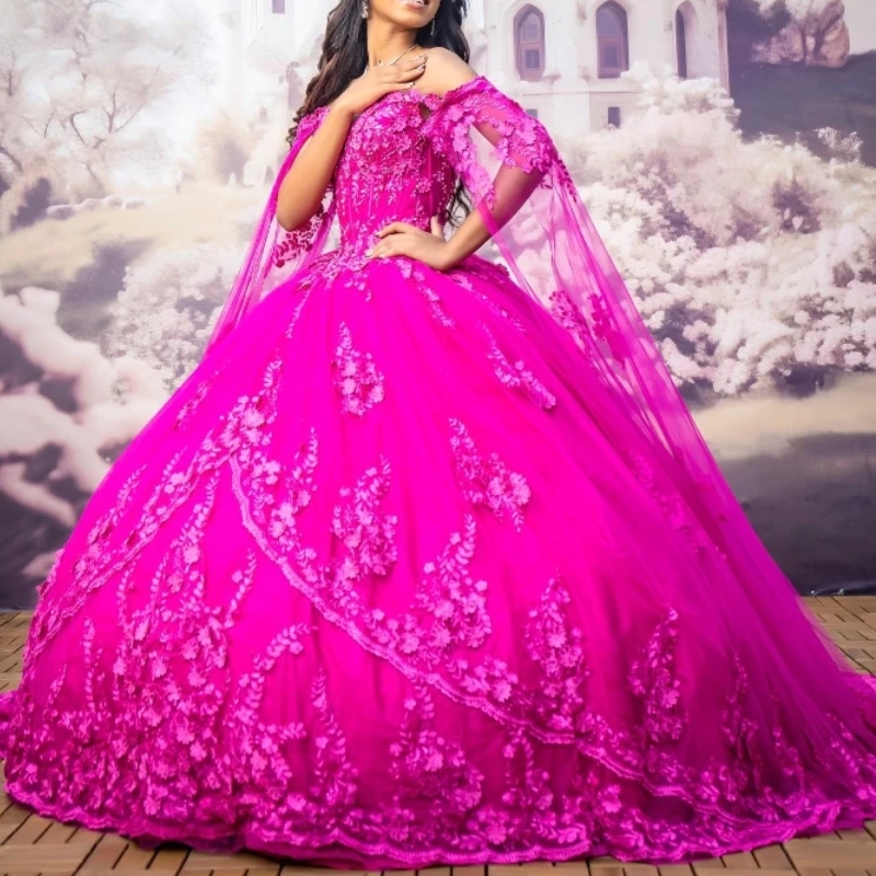 Rose Red Princess Quinceanera Dresses Ball Gown Off Shoulder Applique Lace Tull With Cape Coset vestido 15 Anos quinceaneras Sweet 16 Dress