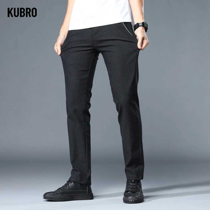 KUBRO mens brushed fabric casual pants business fashion slim fit elastic thick gray blue pure cotton mens pants W240919