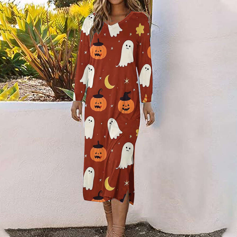 Hallowmas Halloween print 2024 new fashionable casual versatile mid length dress for women
