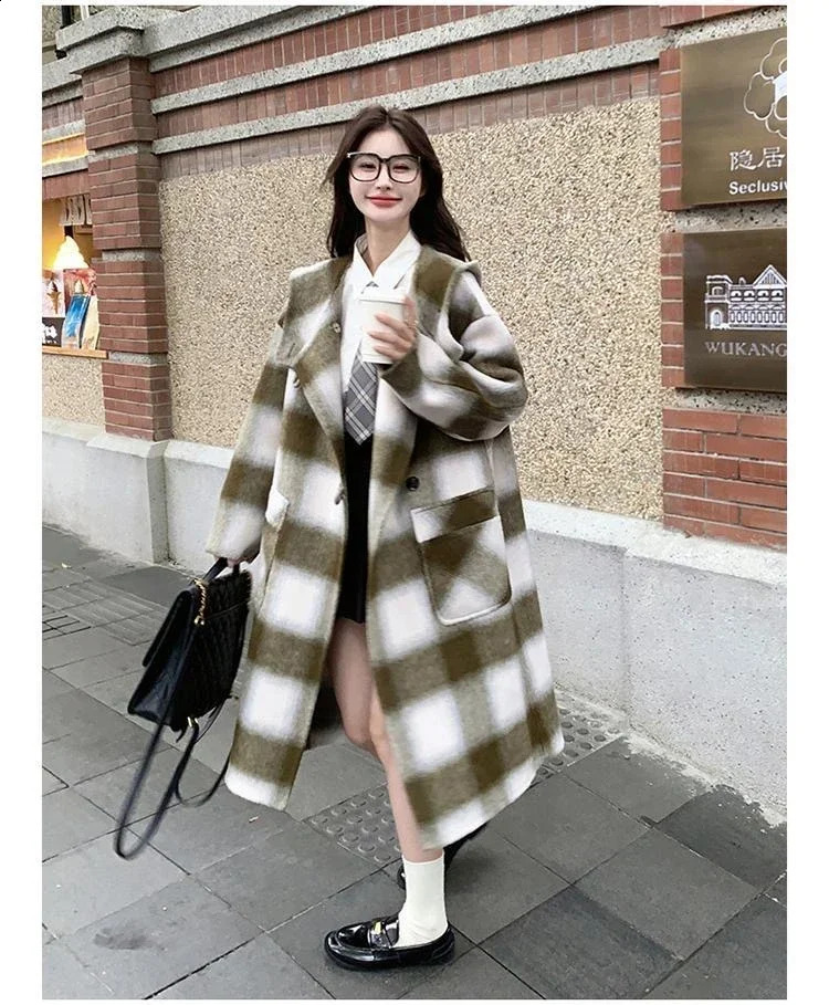 MiiiX French style retro plain woolen coat womens coat autumn and winter loose thick long jacket womens clothing 240920