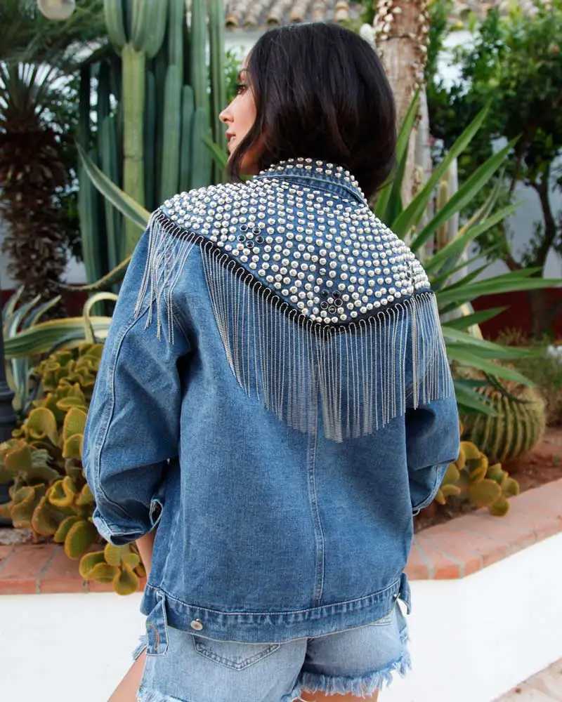 TEELYNN Boho Black Denim jacket For Women Coats Long Sleeve Autumn Loose fringe Jean Jackets 2021 Beaded rivets Casual OutwearX240920