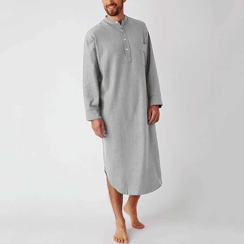 Mens Cotton Button-down Sleep Robe Solid Color Stand Neck Long Sleeve Nightgown Fashion Comfortable Home Loose Bathrobe Y240919