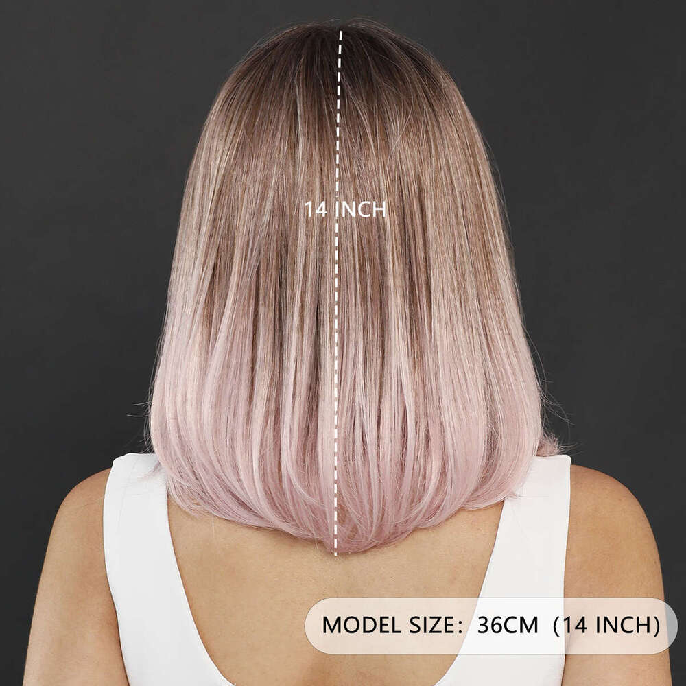 HD Transparent Front Wig High Density Synthetic Short Straight Pink Brown Bob With Dark Roots Layered T Part Lace Wigs