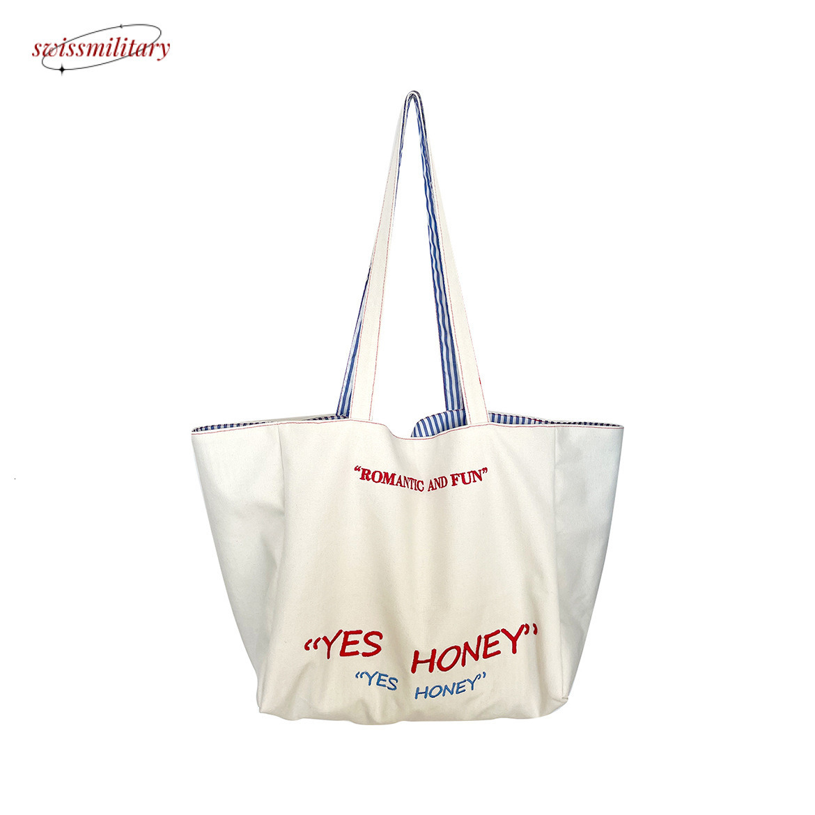 Large capacity Tote front and double-sided back stripe single shoulder with texture embroidery, college student canvas bag, female commuting bag #23 S
