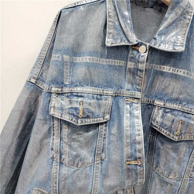 Women Spring Hand-painted Silver Stamping Denim Jacket Handsome Silver Pressed Jeans Jacket Cowboy Bomber Cardigan StreetwearX240920