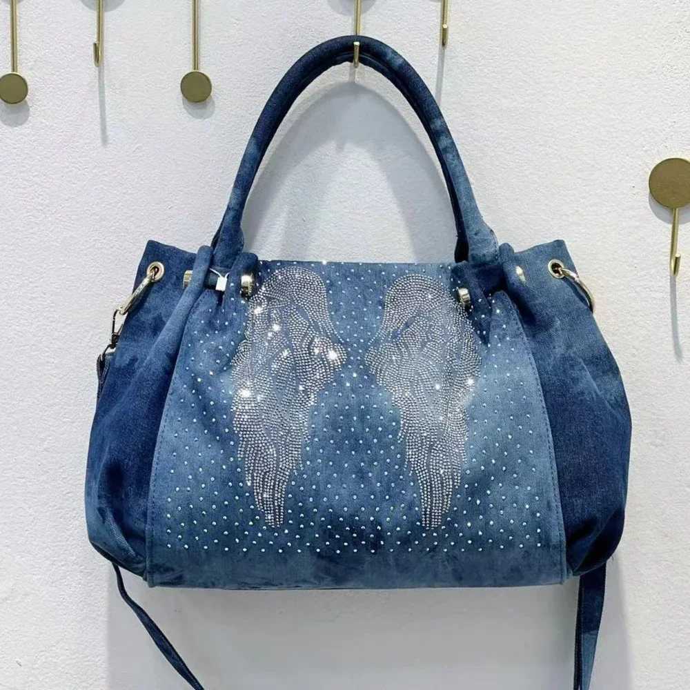 Fashion Denim Women Handbag with Crystal Diamond Casual Jeans Tote Bag Shoulder Crossbody 240920