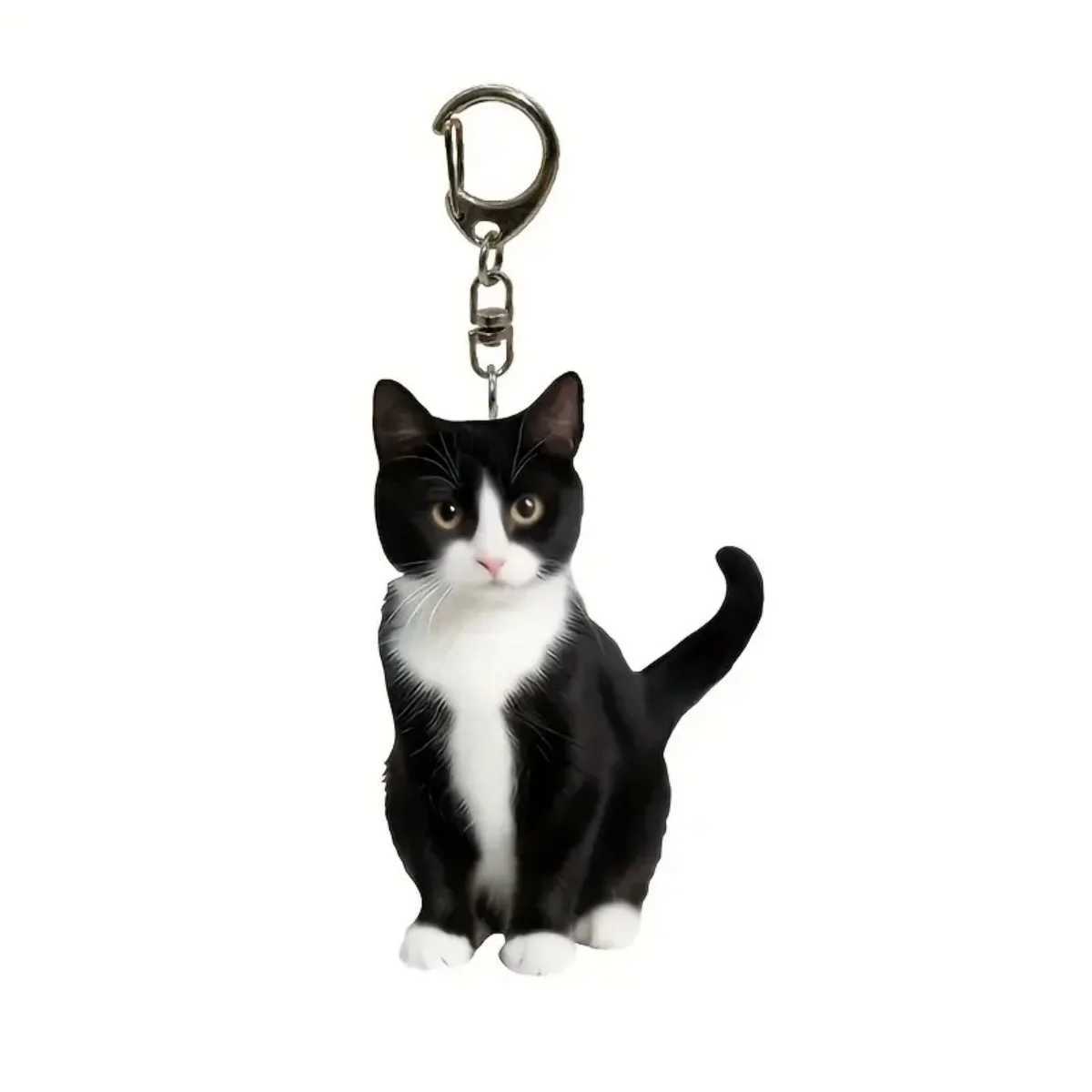 1pc Black and White Cat Keychain 2D Acrylic Cat PendantDouble-Sided Design Animal Key Ring Charm for Backpacks GiftsX240919
