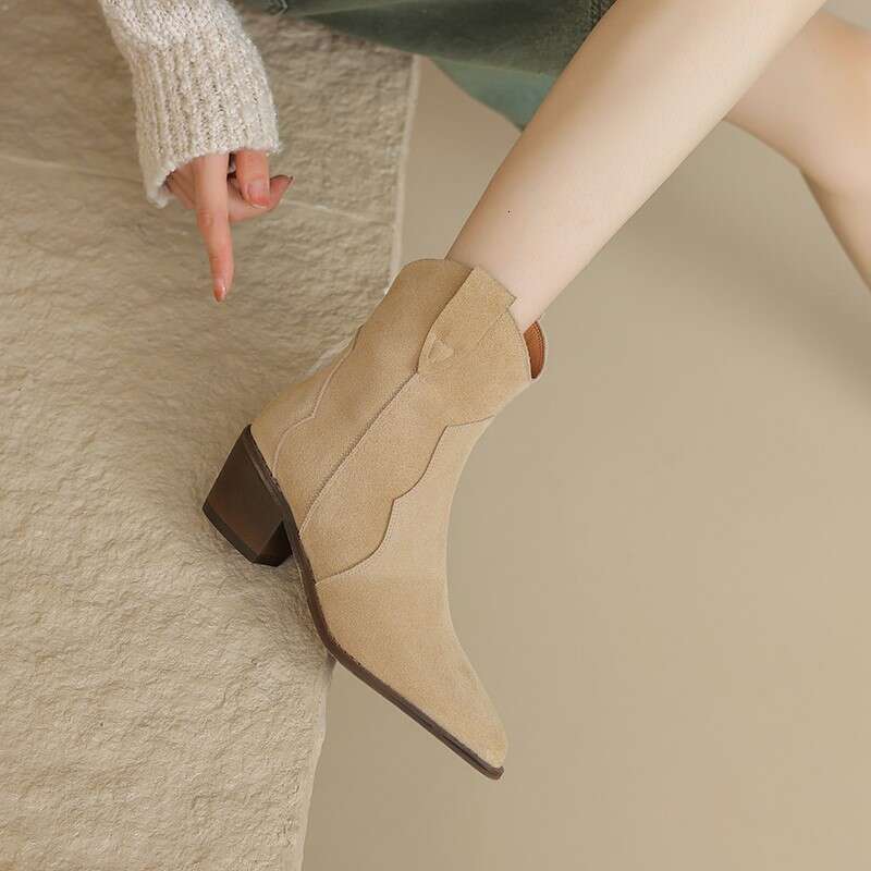 Dilalula Genuine Leather Women Cow Suede Pointed Toe Med Thick Heels Slip On Short Boots Female Autumn 2024