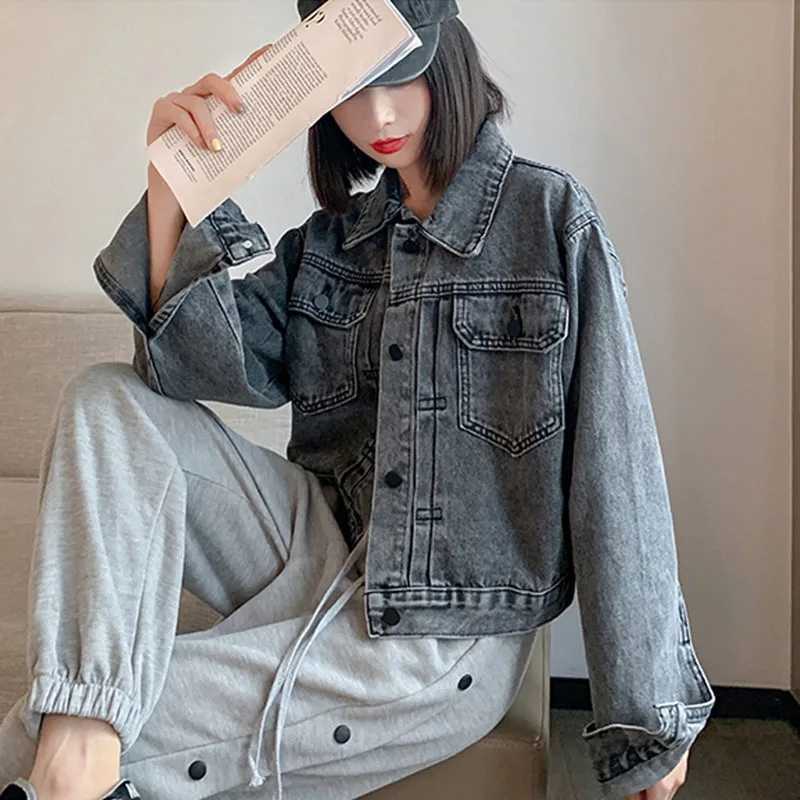 Vintage Washed Smoke Gray Short Jeans Jacket Women Lapel Single-breasted Casual Denim Cropped Outwear Autumn Clothes Female NewX240920