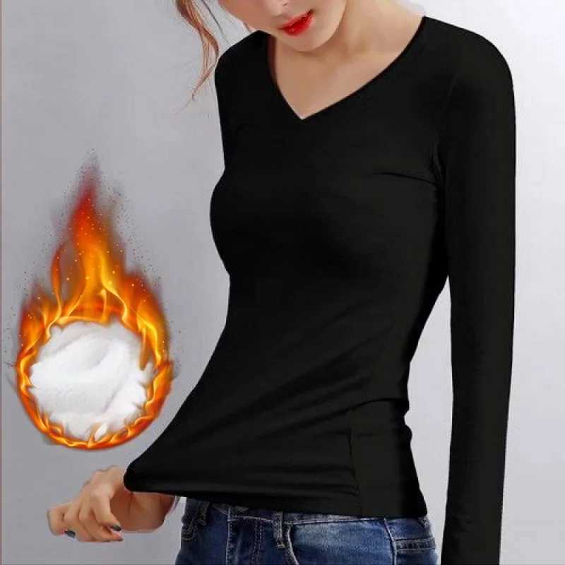 Fall Winter Warm Long Sleeve Tops Thermal Underwear Women Velvet Tops Fleece Slim Fit T-Shirt Casual Basic Blouse Tops Tees M240920