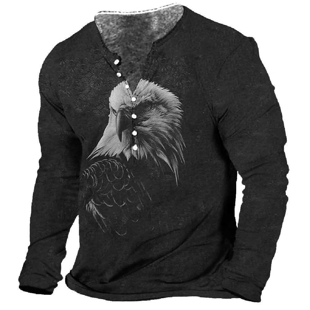 Men T-Shirt Henley Vintage Eagle Motorcycle Print Long Sleeve Daily Top Harajuku Streetwear Tee Men Seven Button Tshirt PulloverX240919