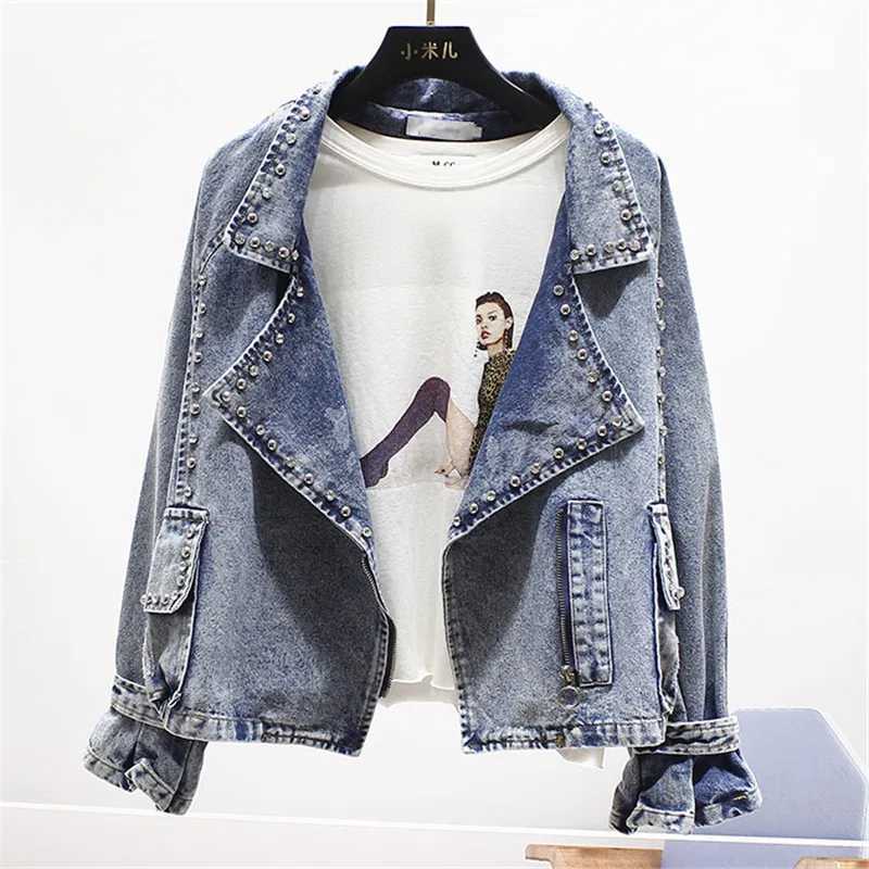 Vintage Black Denim Jacket Rivets Boyfriend Casual Jeans Outerwear Denim Coat Ladies Beads Loose Short High Street Jeans JacketsX240920