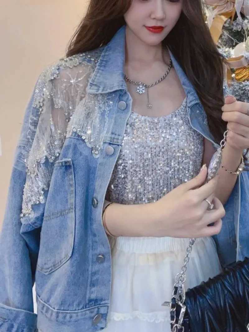 Women Lace Embroidery Loose Diamond Studded Short Denim Jacket Ladies Sweet Korea Summer Spring 2023X240920
