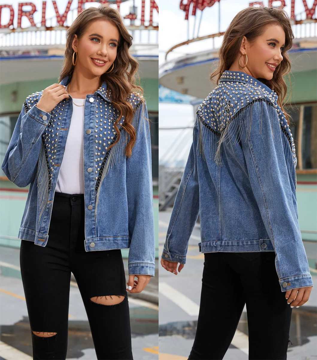Hand-studded Rivet Tassel Women Denim Jacket Overcoat Female Jeans Jacket Loose Coats 2023 New Autumn OutwearX240920