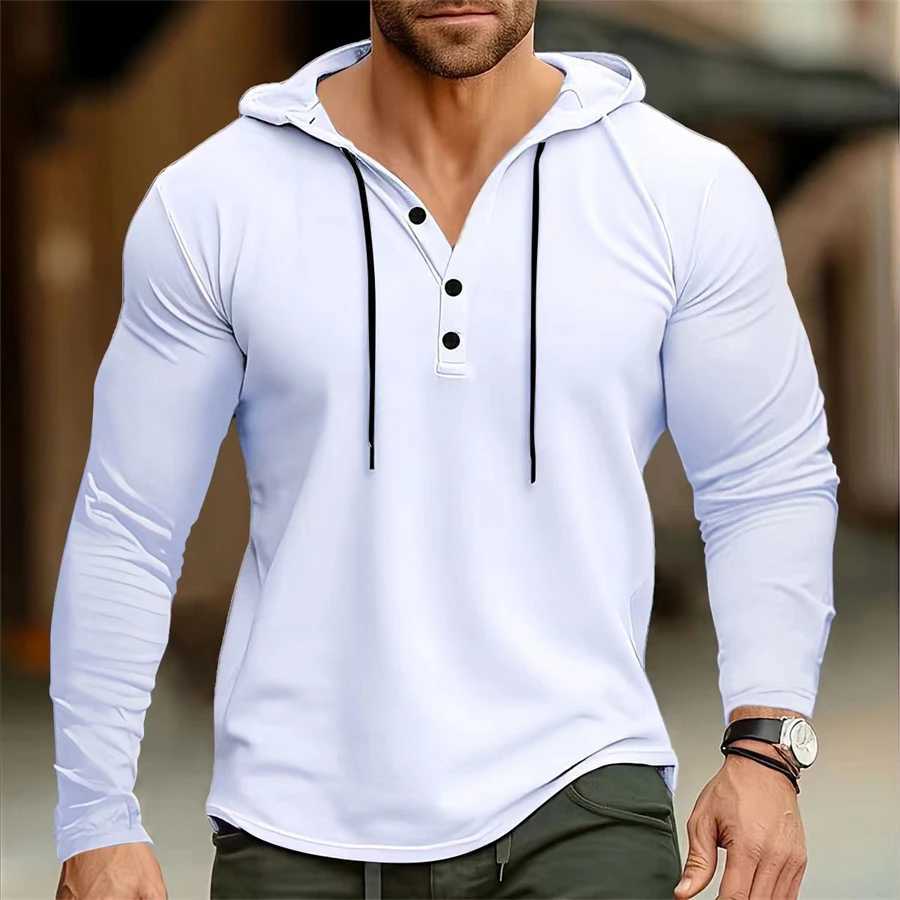 Mens hooded T-shirt Gym Clothing Fitness Long sleeve hoodies Cotton Singlets Men Joggers T-shirt Bodybuilding casual ClothingX240919