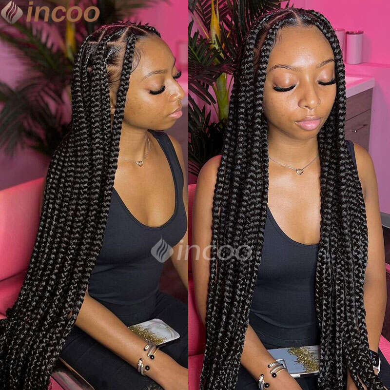 Incoo 36" Large Square Knotless Box For Women Full Double Lace With Baby Hair Synthetic Braided Wigs