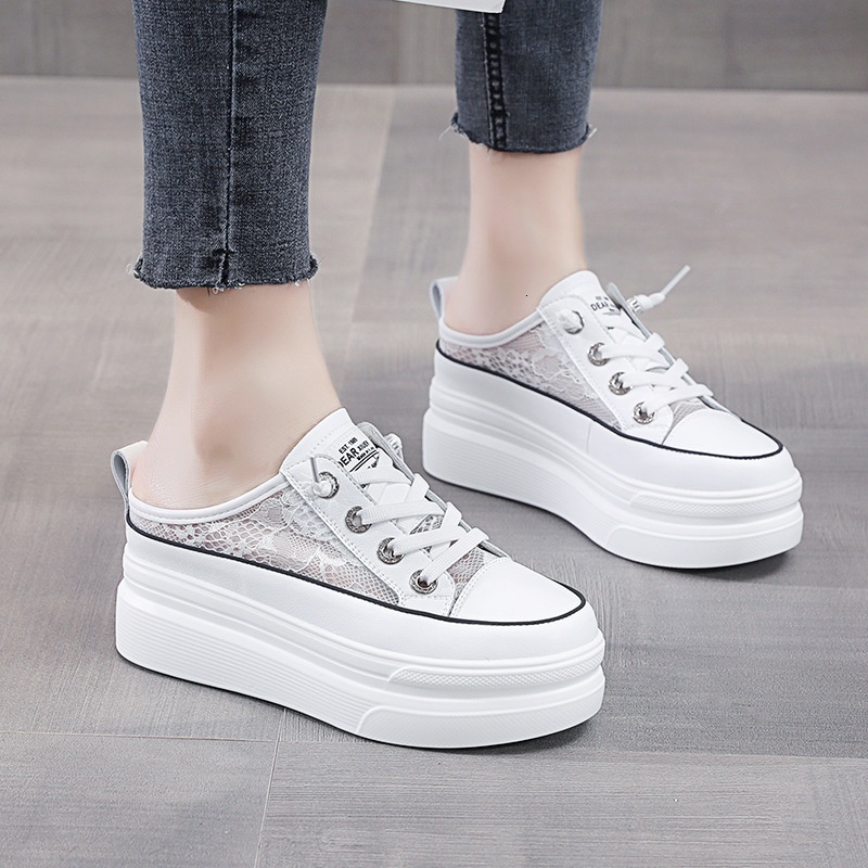 Baotou Half Slippers Female 2024 Summer Internet Celebrity Thick Bottom Sponge Cake Little White Slope Heel Fashion Outerwear Mesh Cool Drag