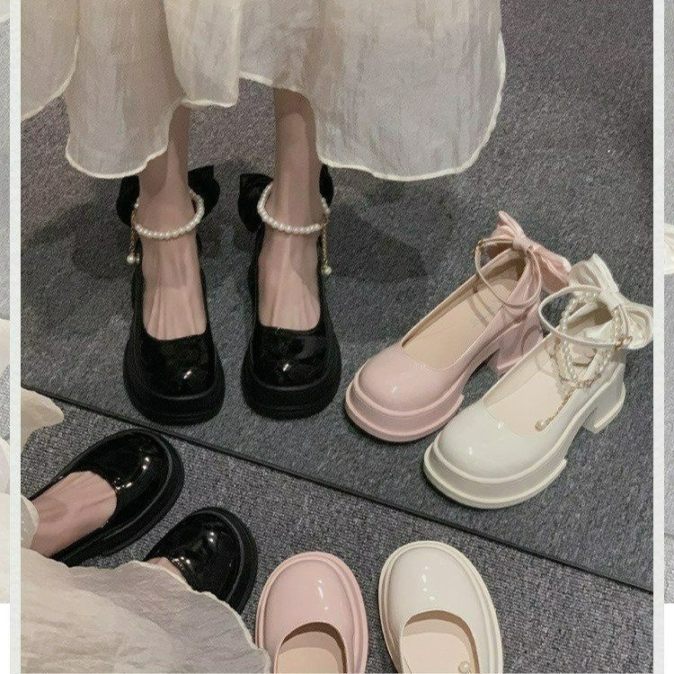 Fairy style dress, Mary Jane shoes, women's 2024 spring new style, French pearl, gentle and trendy, paired with thick heeled small leather shoes