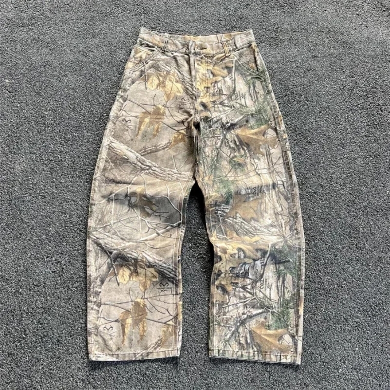 Y2k jeans Harajuku hiphop camouflage retro oversized denim pants fashionable mens straight leg wide streetwear 240827